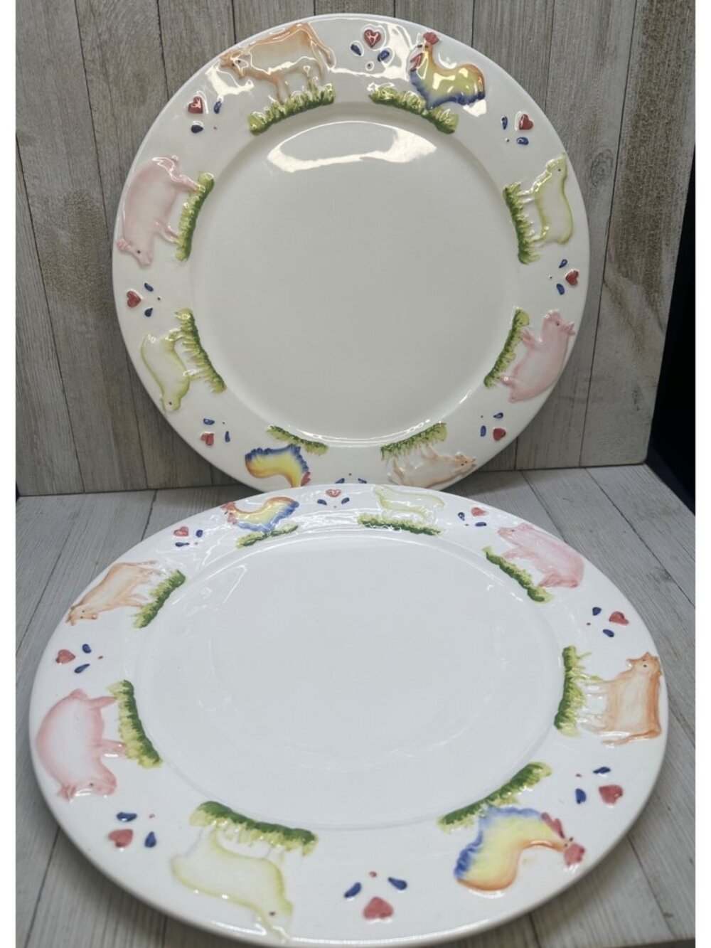 Vtg Stefani Farmhouse Animals Pig Rooster Cow 12.5" Dinner Plate Charger Set 2